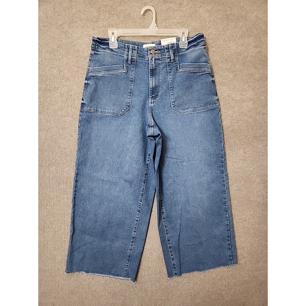 Sonoma Wide Leg Jeans Women 14 Blue Medium Wash Patch Pockets Raw Hem UtilityNEW - Picture 2 of 11